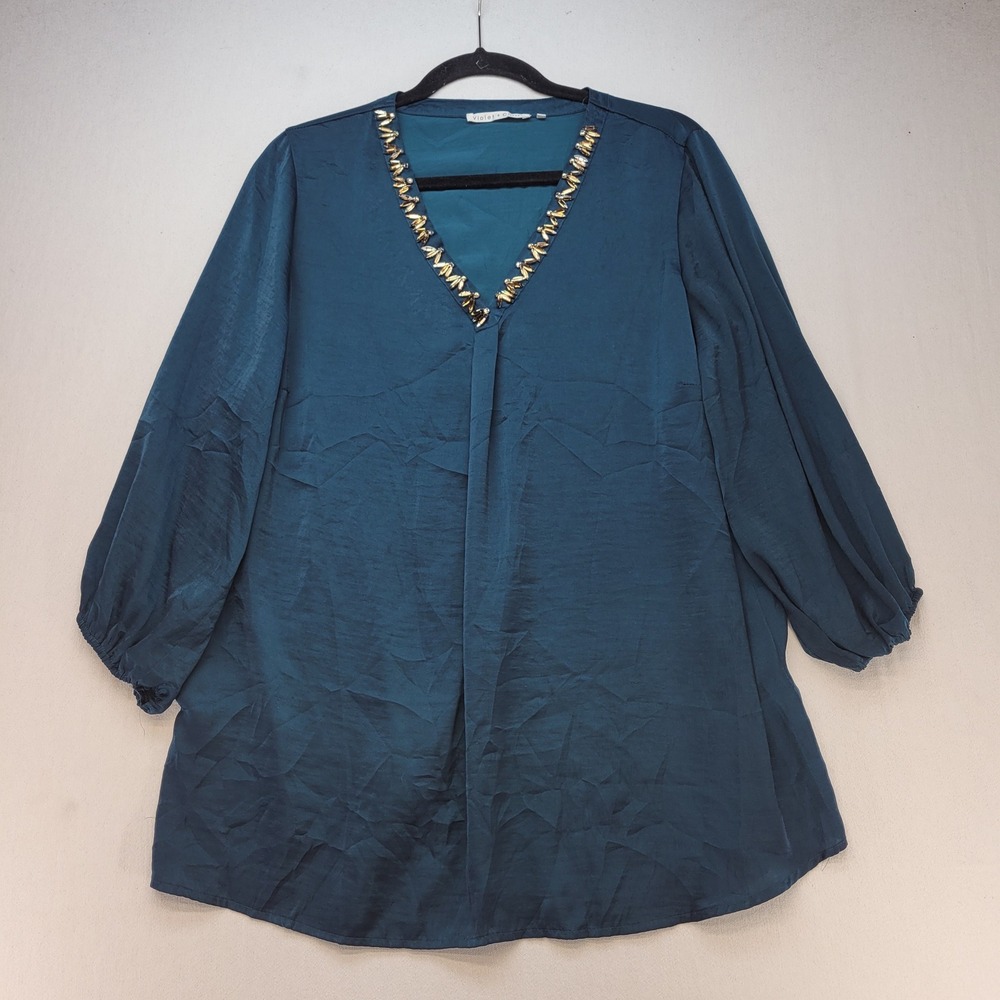 Violet + Claire Blouse Womens 1X Teal Blue Beaded V-Neck Satin Balloon Sleeve